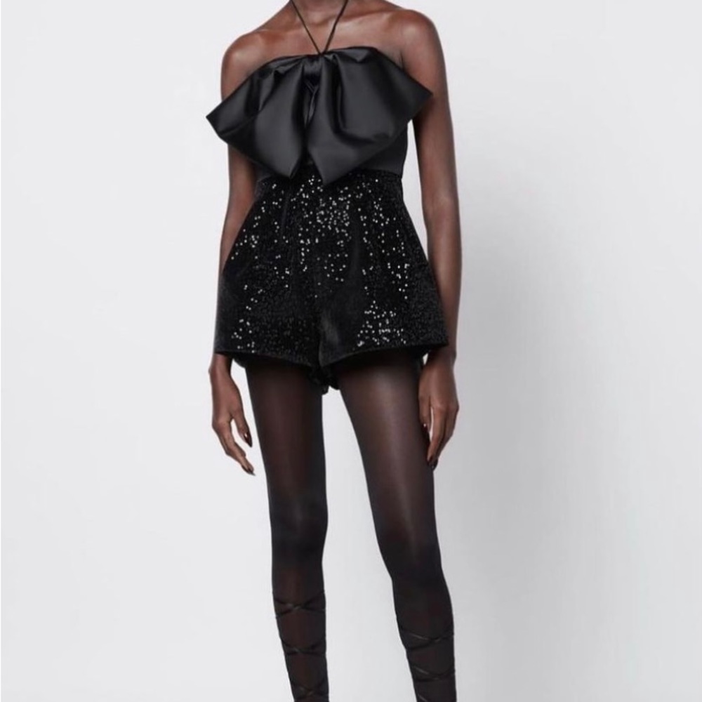 Zara Bow Trim Sequin Jumpsuit XS
